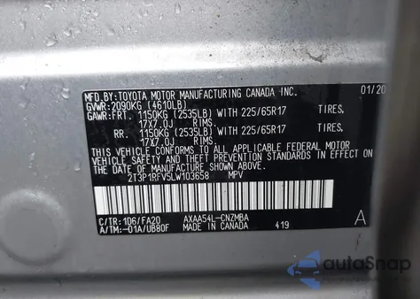 2020 Toyota Rav4 Xle from USA, damaged, VIN 2T3P1RFV5LW103658